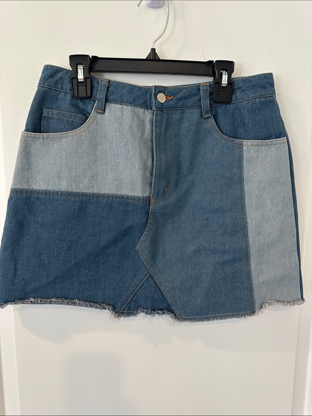 Wild Honey Patchwork Two-Tone Denim Mini Skirt in Light & Dark Blue
